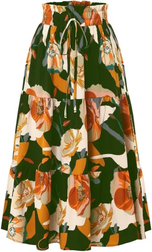 Floral Maxi Skirts for Women Casual Drawstring High Elastic Waisted A-Line Flowy Swing Skirts Summer Boho Skirt