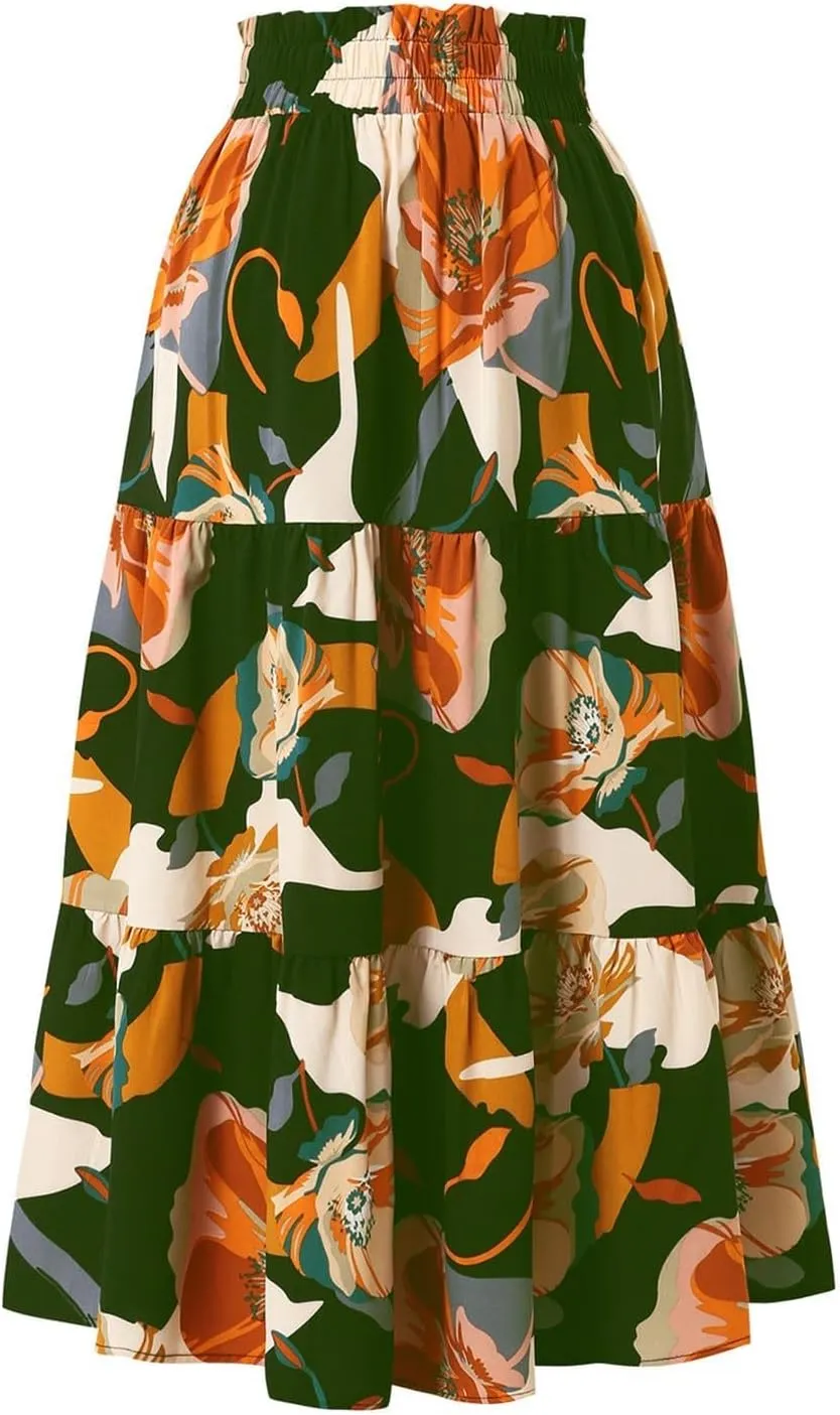 Floral Maxi Skirts for Women Casual Drawstring High Elastic Waisted A-Line Flowy Swing Skirts Summer Boho Skirt