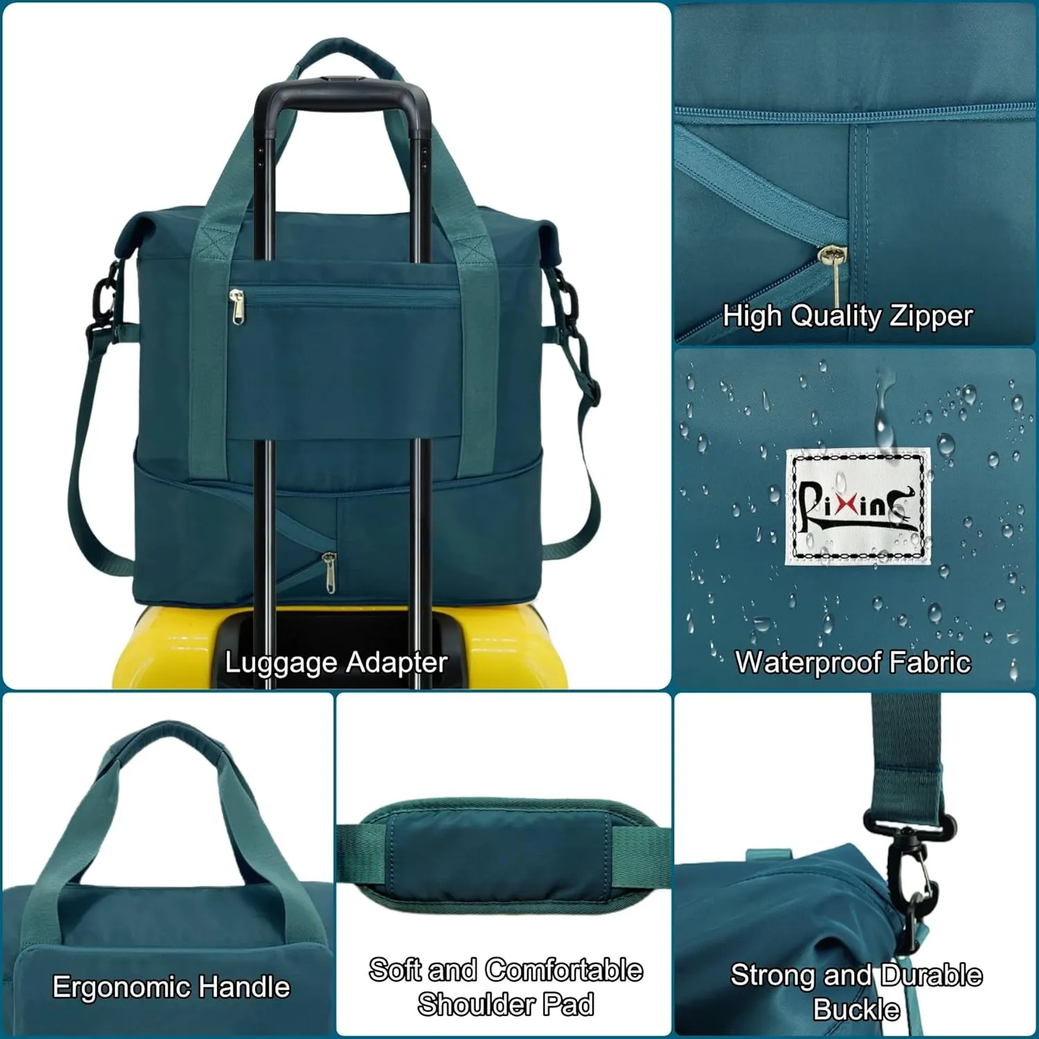 Foldable Travel Duffle Bag with Multiple Pockets, 40L Expandable Weekender Bag for Women, Overnight Carry On Gym Tote with Water Bottle Holder (Peacock Blue)