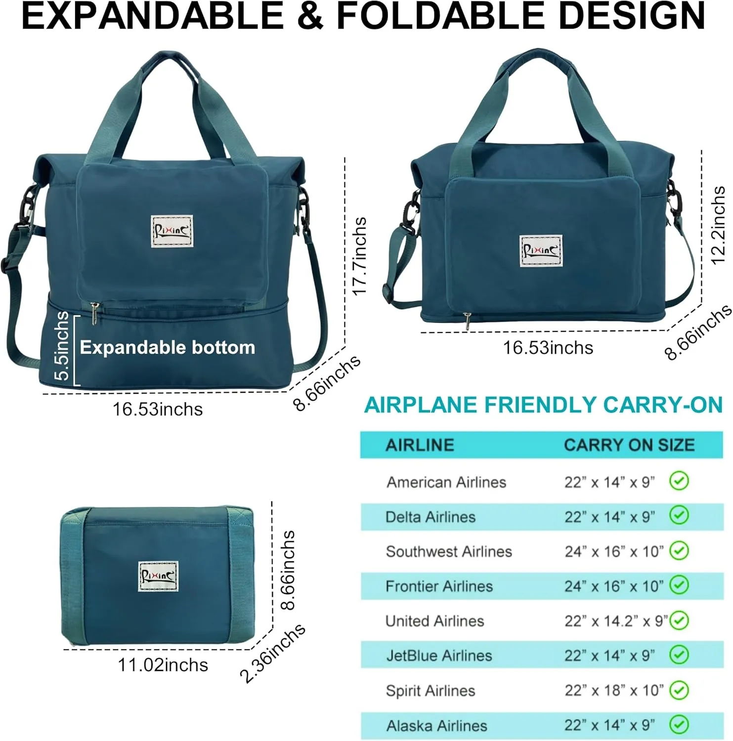 Foldable Travel Duffle Bag with Multiple Pockets, 40L Expandable Weekender Bag for Women, Overnight Carry On Gym Tote with Water Bottle Holder (Peacock Blue)