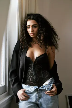 Free People Night Rhythm Lace Bodysuit in Black