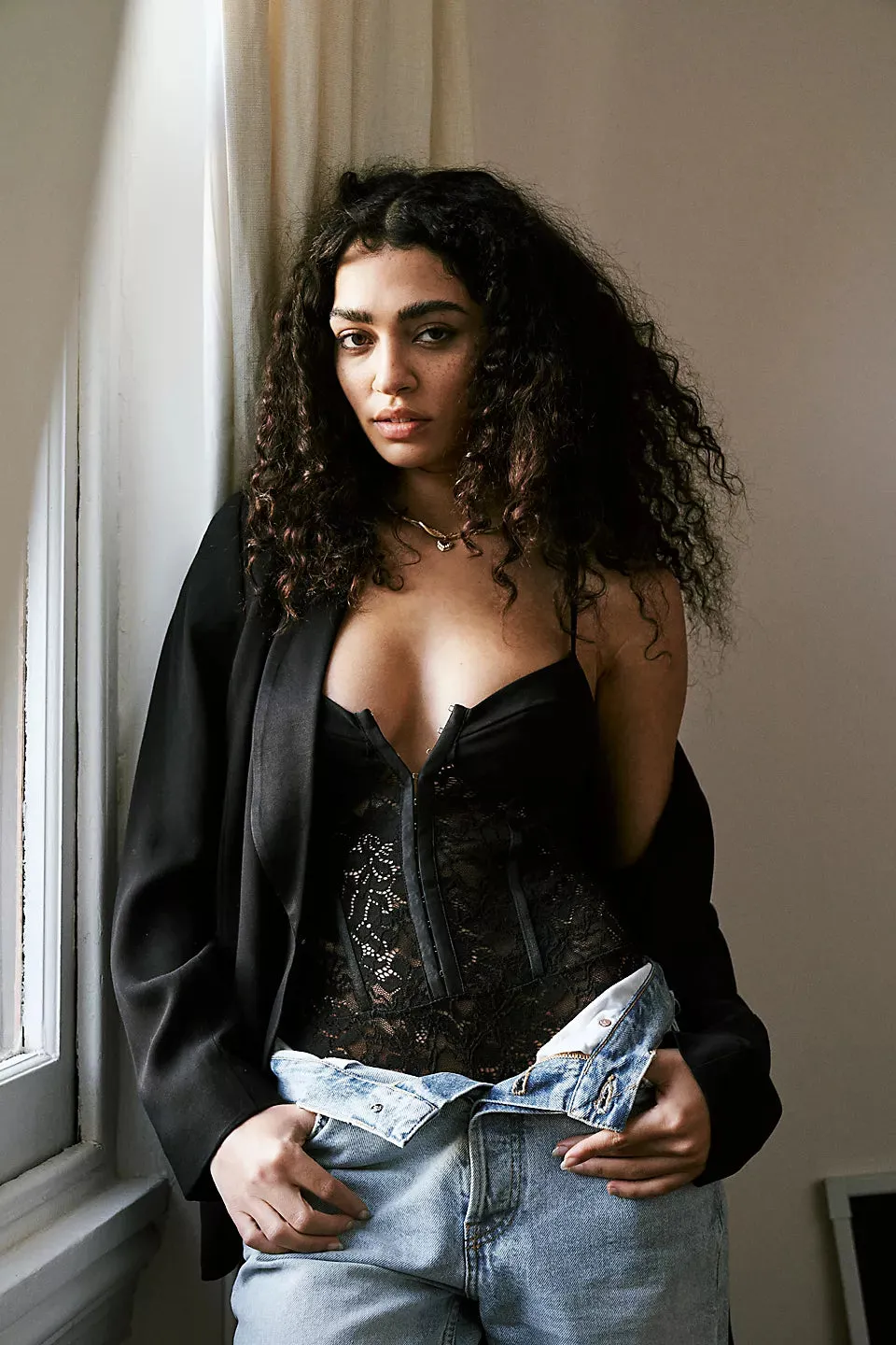 Free People Night Rhythm Lace Bodysuit in Black