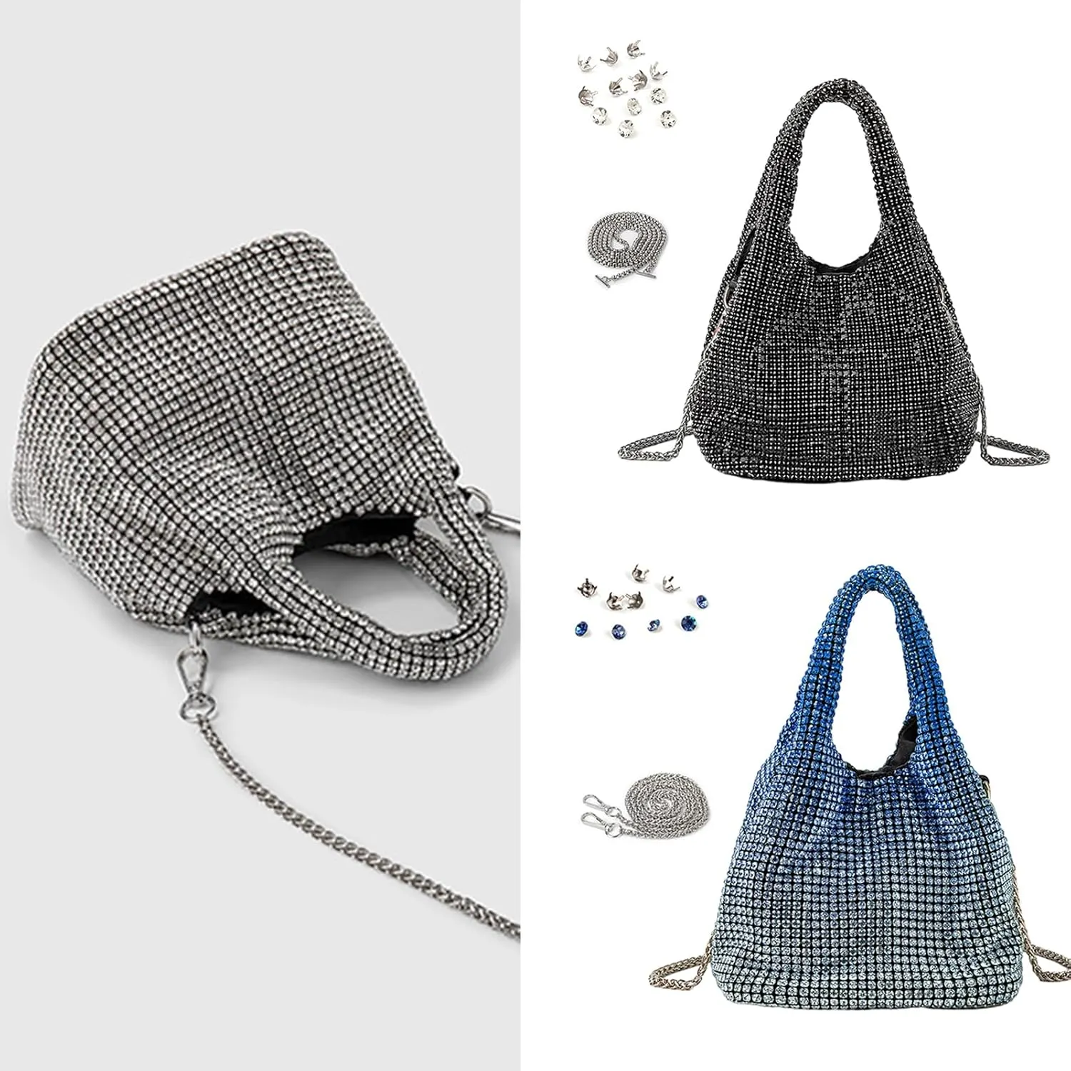 Full Rhinestones Bag for Women Blingbling Sparkly Purse Crystals Clutch Bucket Handbags for Party Prom Wedding
