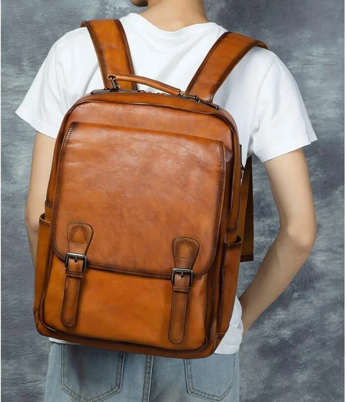 Genuine Leather Backpacks Mens Laptop Bags Briefcases Bookbags Computers Bags Travel Bags Casual Daypack 16.9Inch(Brown-3)