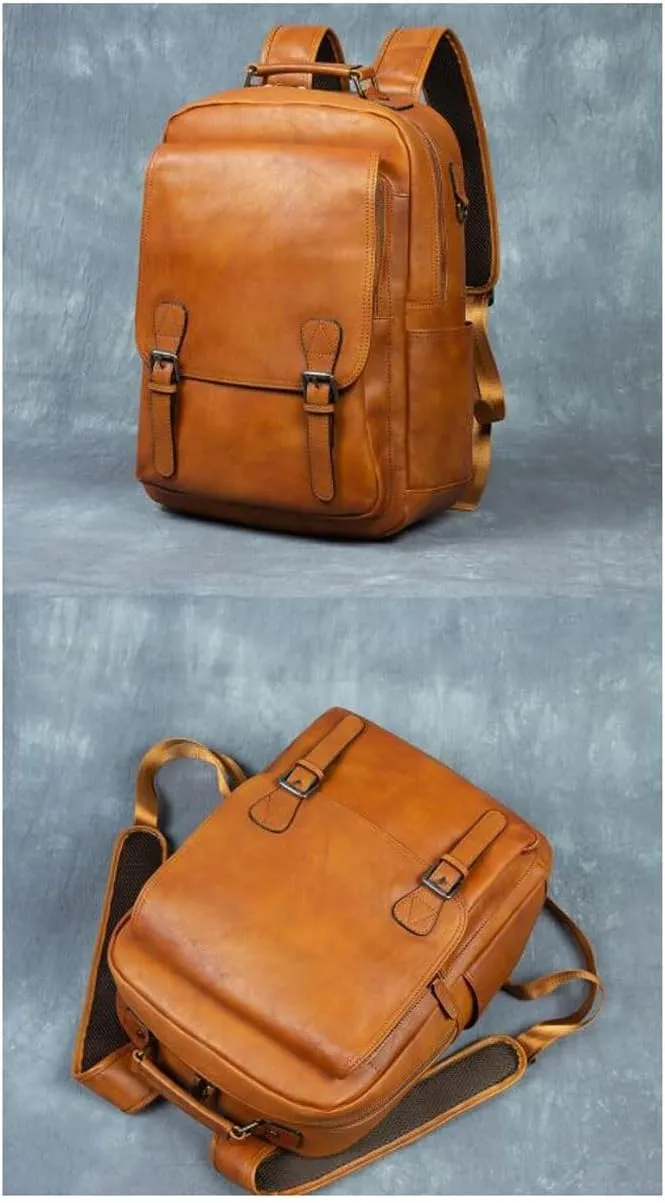 Genuine Leather Backpacks Mens Laptop Bags Briefcases Bookbags Computers Bags Travel Bags Casual Daypack 16.9Inch(Brown-3)
