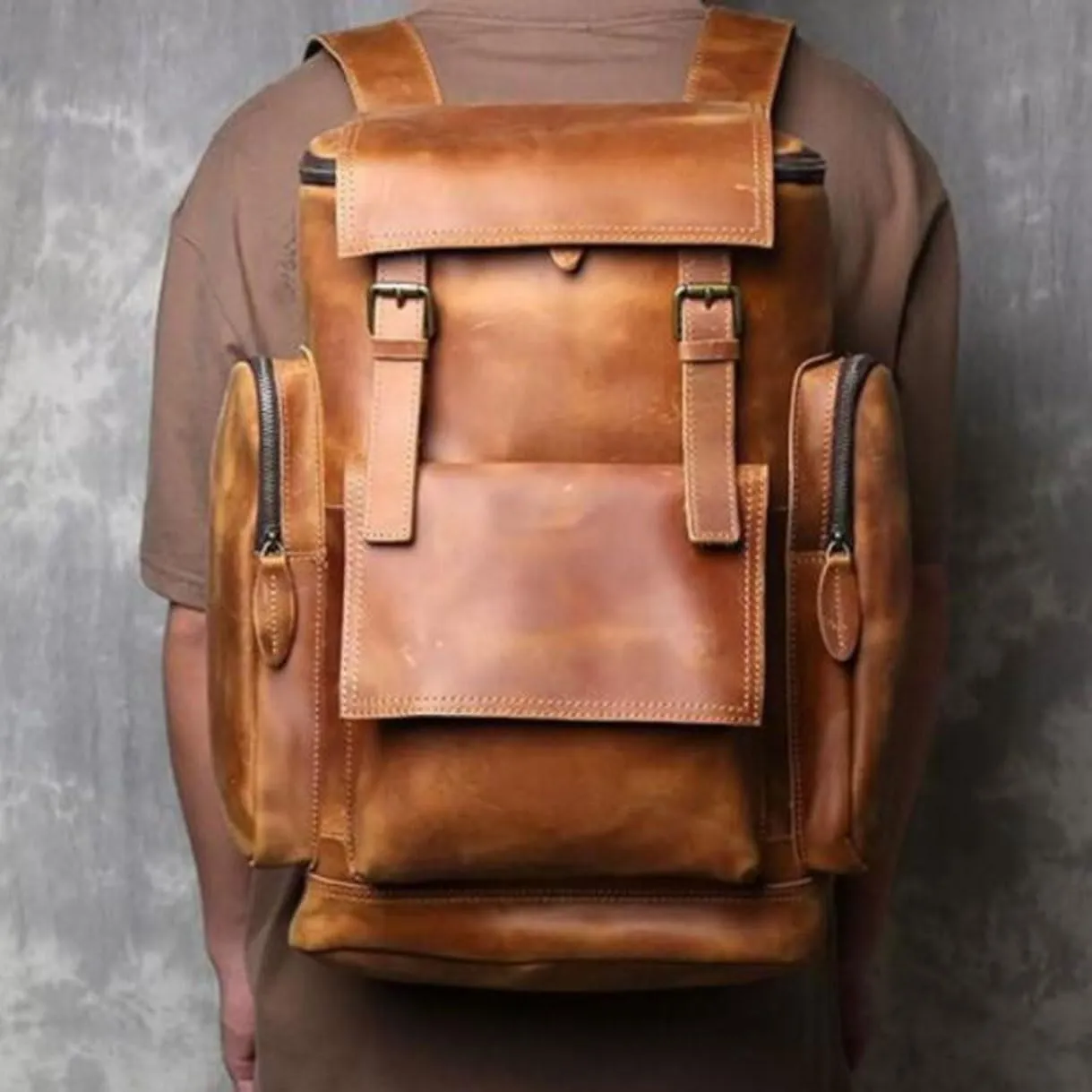Genuine Leather Backpacks Mens Laptop Bags Computers Bags Casual Daypack Briefcases Travel Bags 16.9Inch(Brown-1)