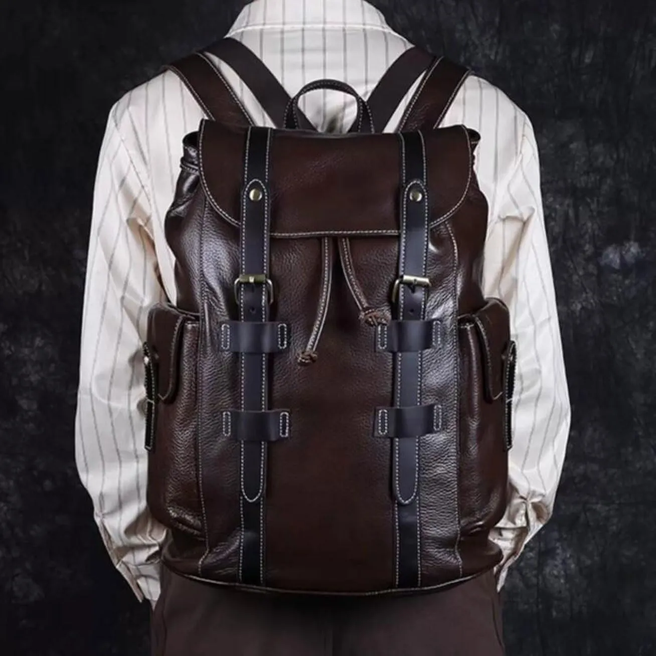 Genuine Leather Backpacks Travel Bags Laptop Bags Mens Casual Daypack Computers Bags Briefcases Bookbags(Black)