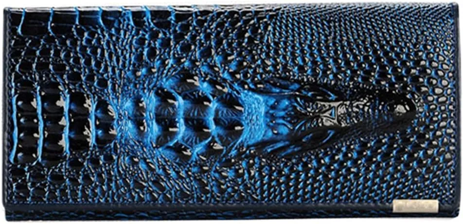 Genuine Leather Purse Wallet Crocodile Long Clutch Wallets Women Female Coin Purses Holders (Blue)