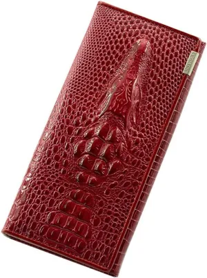Genuine Leather Purse Wallet Crocodile Long Clutch Wallets Women Female Coin Purses Holders (Red)