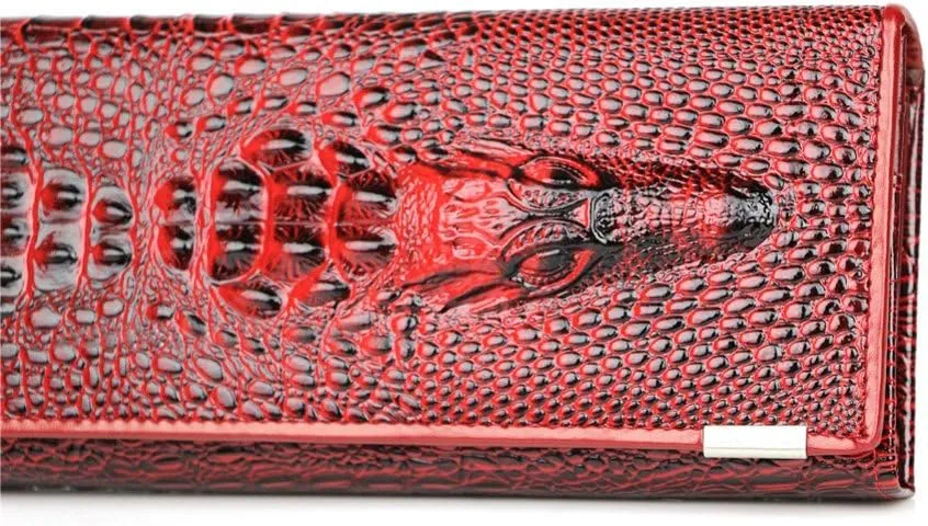 Genuine Leather Purse Wallet Crocodile Long Clutch Wallets Women Female Coin Purses Holders (Win red)