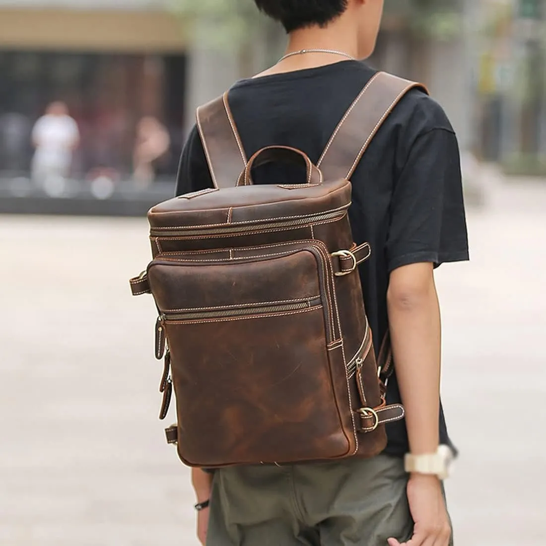 Genuine Leather Travel Bags for Men, Casual Daypack Backpacks Briefcases Mens Laptop Backpacks (Color : Brown)