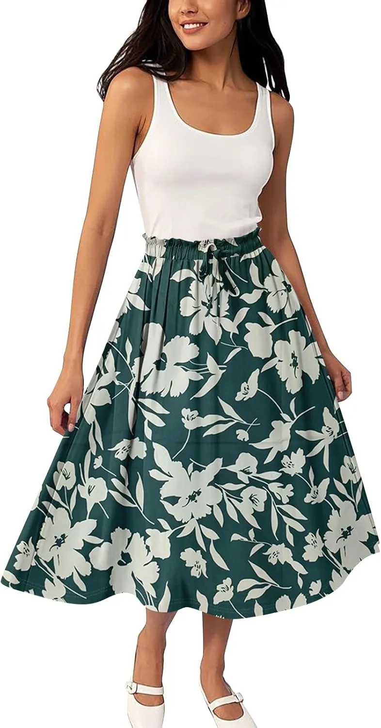 GOFULY Womens Skirts Midi Length Elastic Waist Casual Fall Floral Print A-Line Knee Skirts Drawstring Pleated Skirt