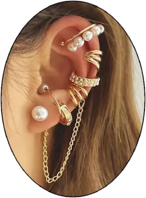 Gold Silver Cuff Earrings Dangle Set for Women Pearl Layering Non Piercing Statement Earrings Set Gold Silver Clip Wrap Gold Chain Pearls Claw Huggie Tassels No Piercing Jewelry