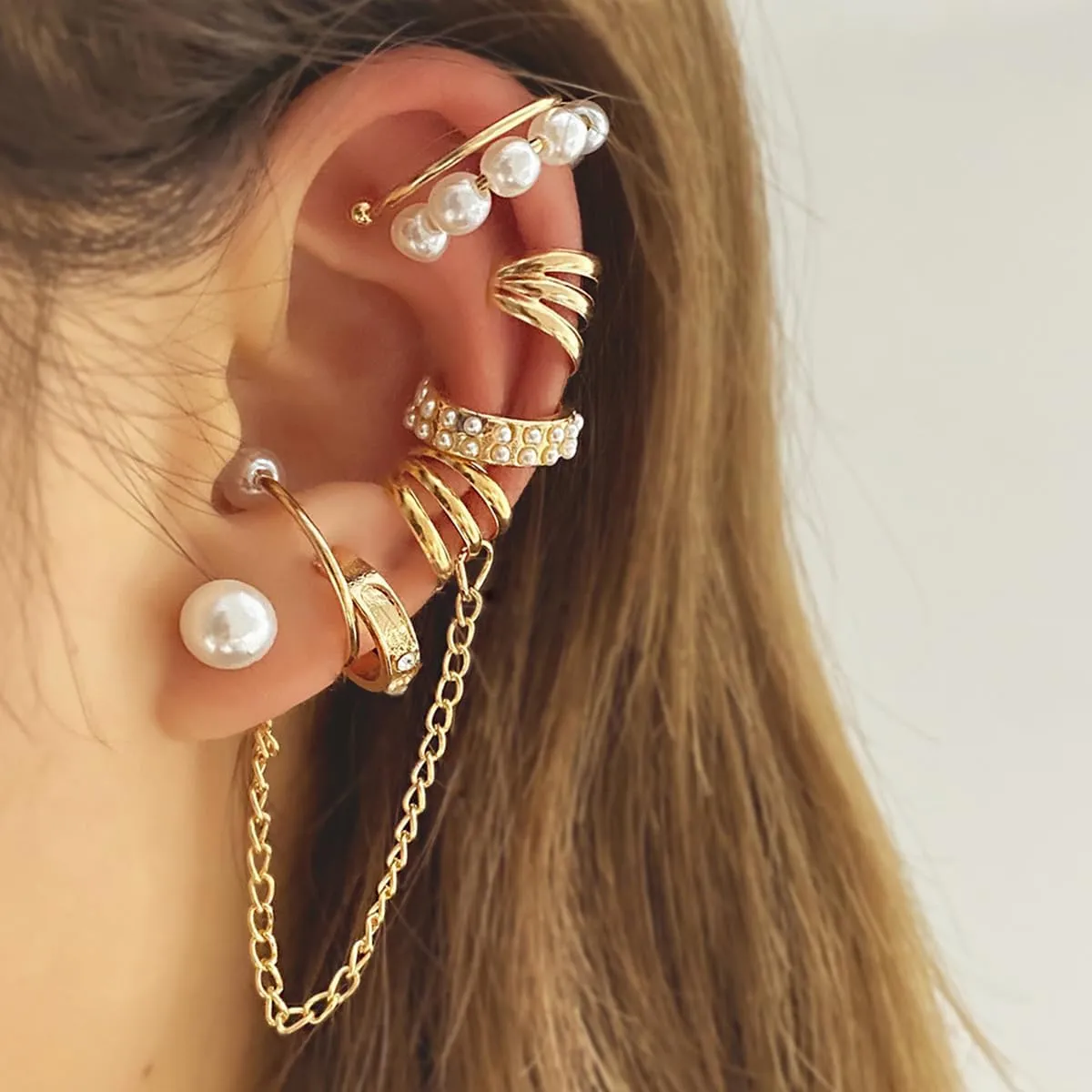 Gold Silver Cuff Earrings Dangle Set for Women Pearl Layering Non Piercing Statement Earrings Set Gold Silver Clip Wrap Gold Chain Pearls Claw Huggie Tassels No Piercing Jewelry