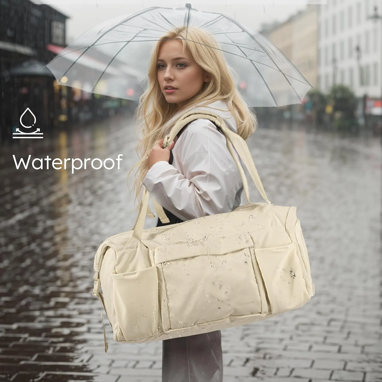 Gym Bag for Women with Shoes Compartment and Wet Pocket Convertible Duffle Bag and Gym Backpack Waterproof Sports Bags for Women with 2 Bottle Holders Weekender Overnight Bag - Beige