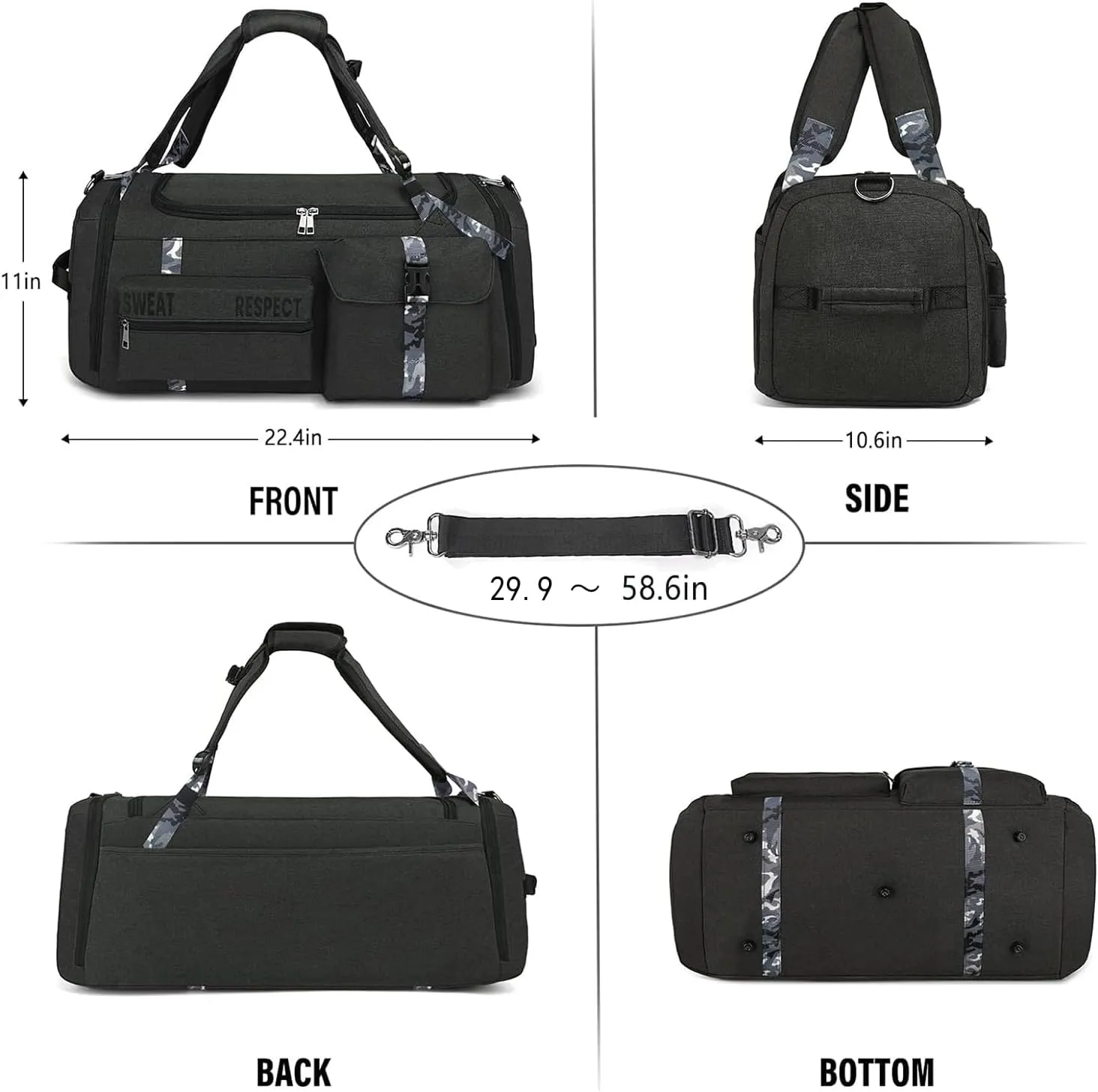 Gym Bags for Men Gym Duffle Bag Backpack 3-Way Sports Duffel Bags for Men with Shoe Compartment & Wet PocketBlack