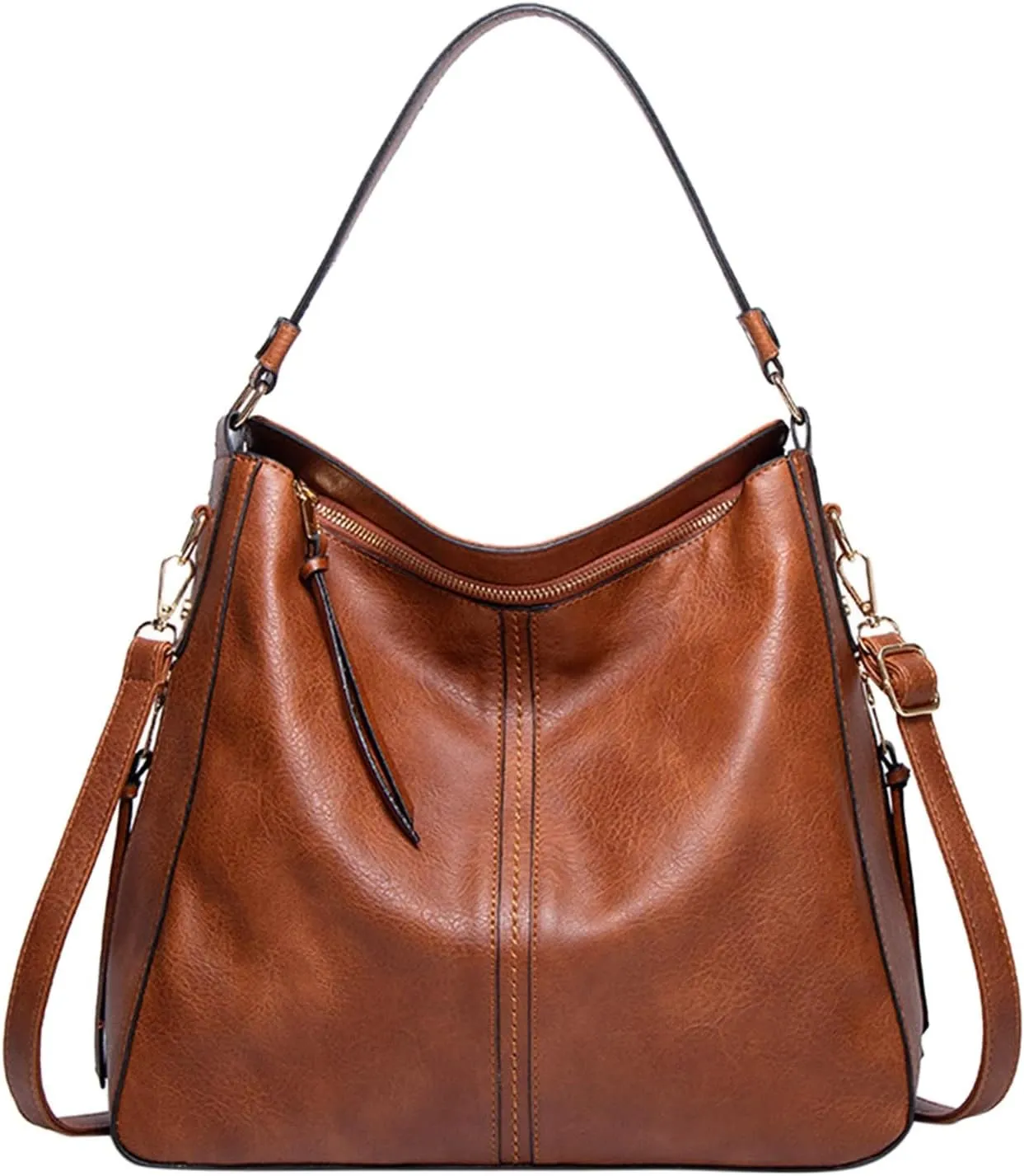 Handbags For Women Large Designer Ladies Bag Bucket Purse Faux Leather Large Tote Bag with Zipper Bags (Brown, One Size)
