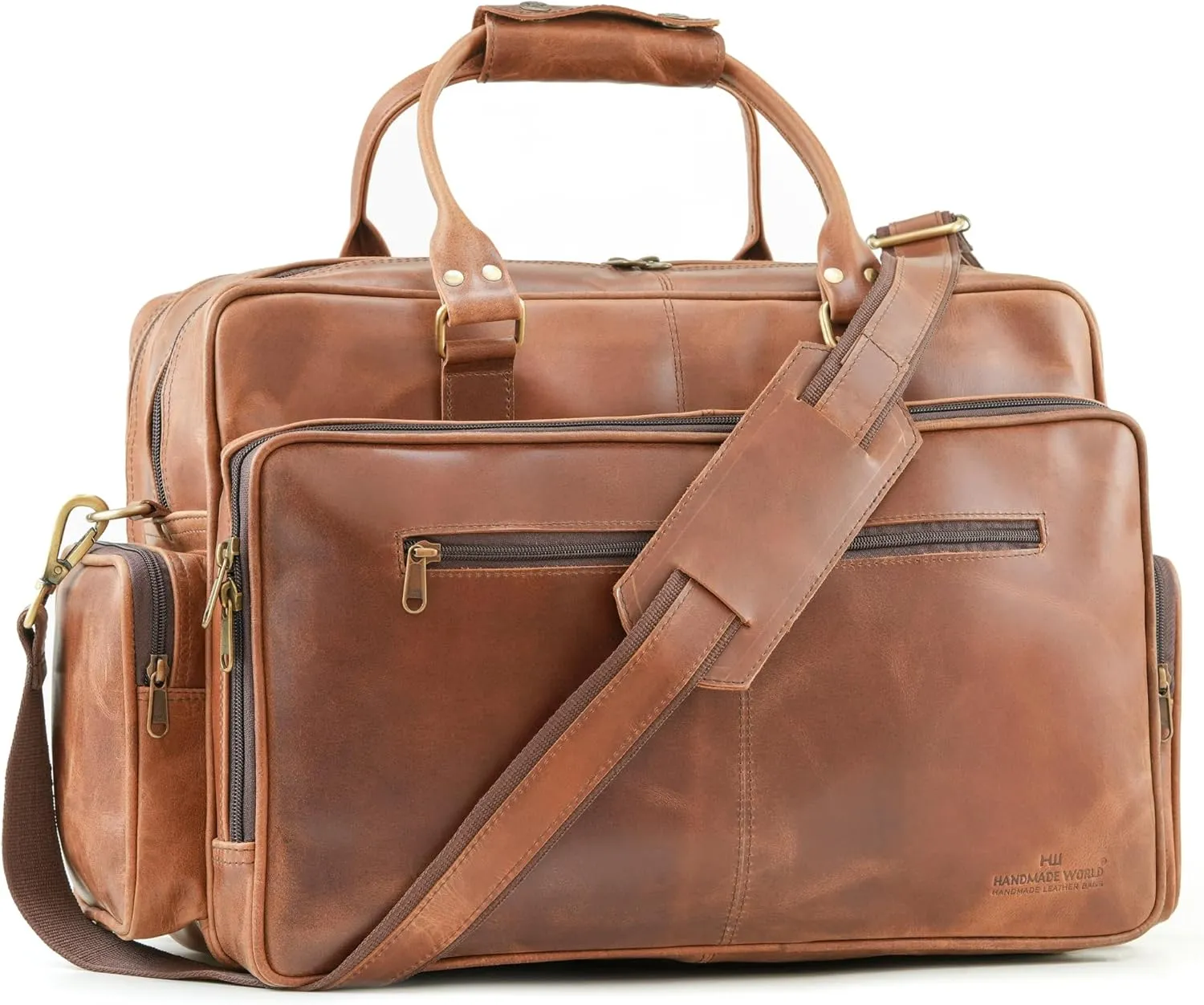 Handmade World Large Leather Briefcase Duffel Bag For Men 'BossWell Office' Fits 18 Inch Laptop Messenger For Business Travel
