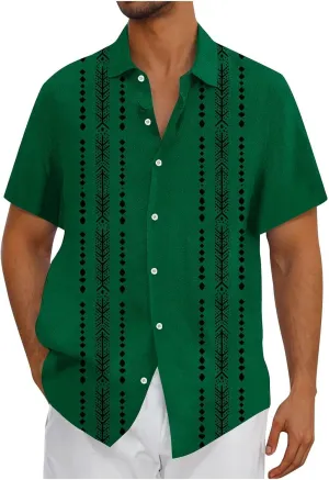 Hawaiian Linen Shirt for Men,Vintage Stripes Print Holiday Bowling Top Short Sleeve Casual Button Down Beach Shirts