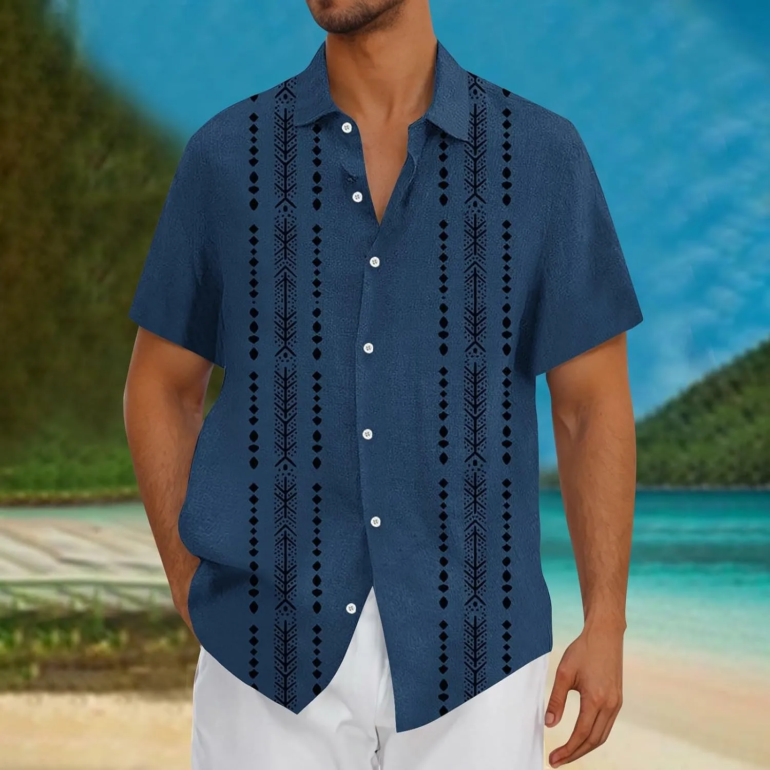 Hawaiian Linen Shirt for Men,Vintage Stripes Print Holiday Bowling Top Short Sleeve Casual Button Down Beach Shirts