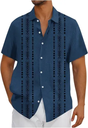 Hawaiian Linen Shirt for Men,Vintage Stripes Print Holiday Bowling Top Short Sleeve Casual Button Down Beach Shirts