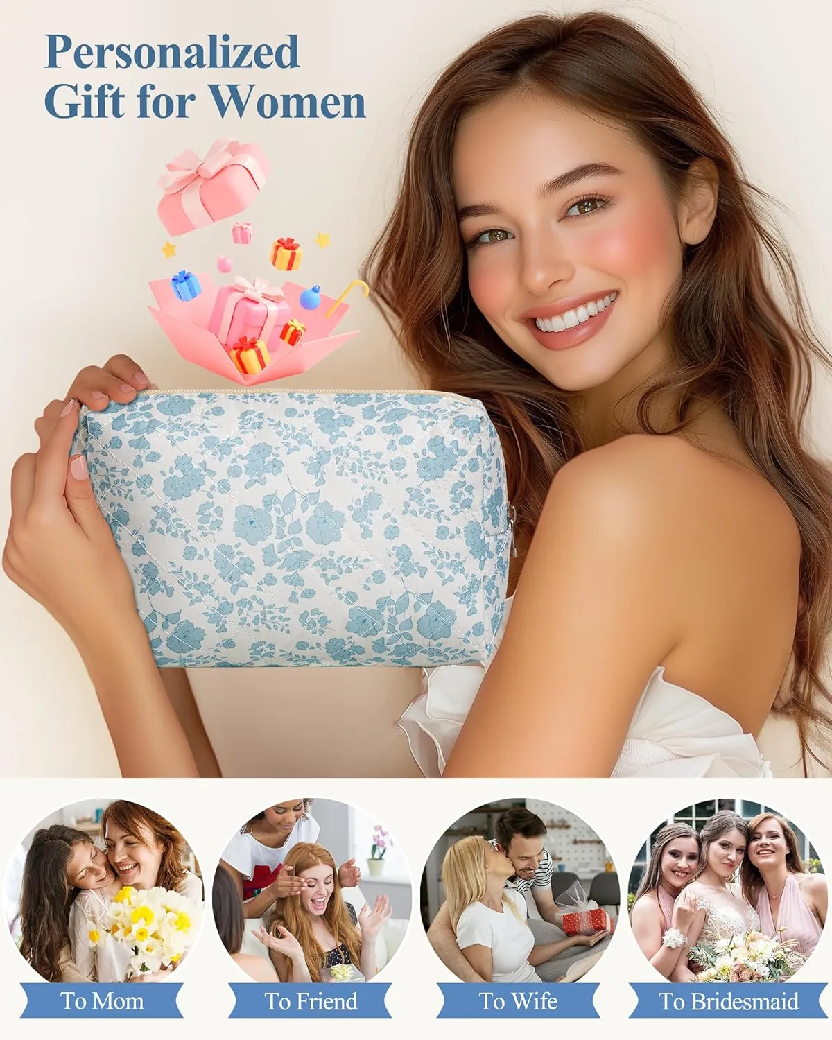 HBselect Quilted Makeup Bag, Portable Cotton Travel Makeup Bag, Cute Coquette Blueflowers Floral Pencil Pouch Toiletry Bags for Women Teen Girls Mom