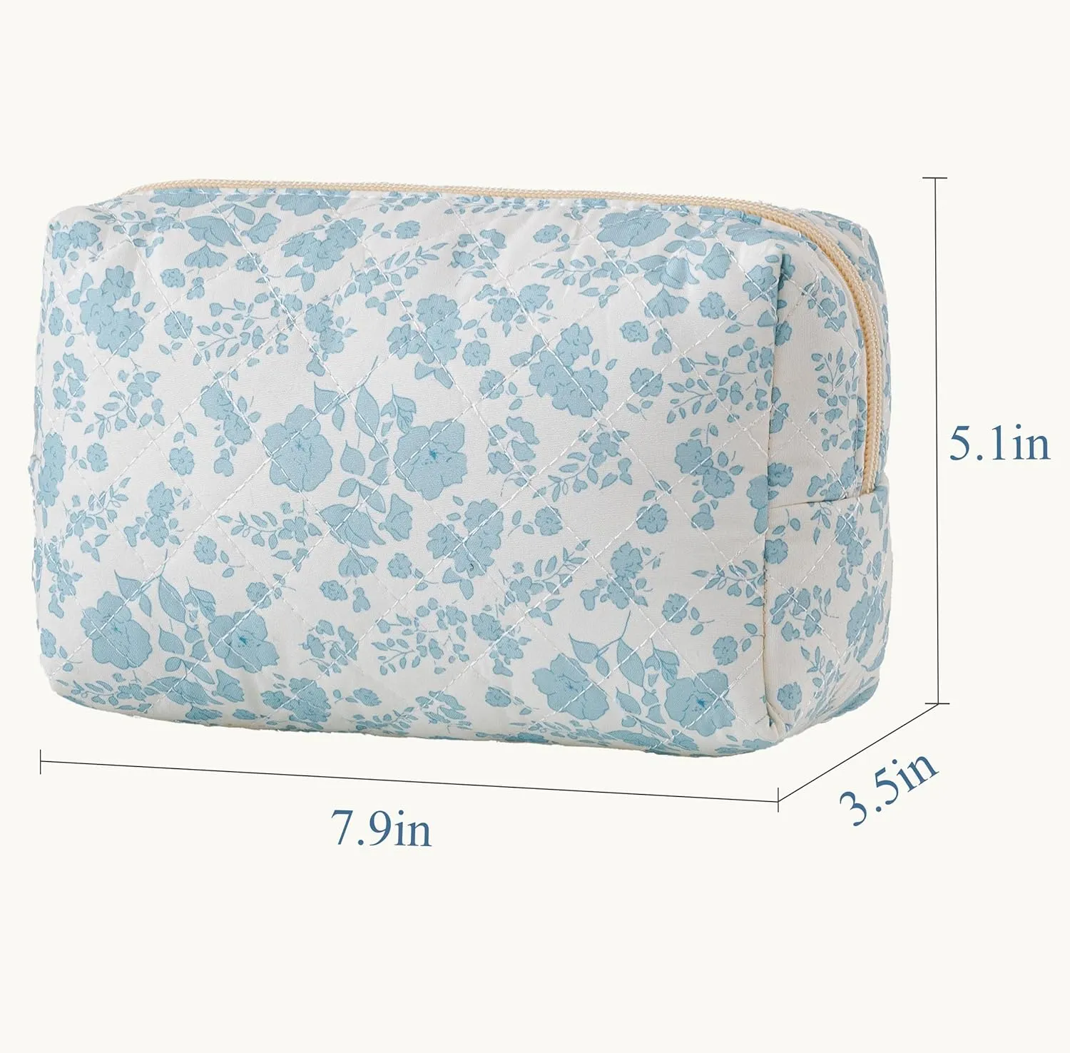 HBselect Quilted Makeup Bag, Portable Cotton Travel Makeup Bag, Cute Coquette Blueflowers Floral Pencil Pouch Toiletry Bags for Women Teen Girls Mom