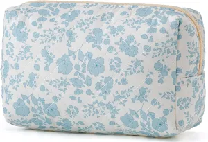 HBselect Quilted Makeup Bag, Portable Cotton Travel Makeup Bag, Cute Coquette Blueflowers Floral Pencil Pouch Toiletry Bags for Women Teen Girls Mom