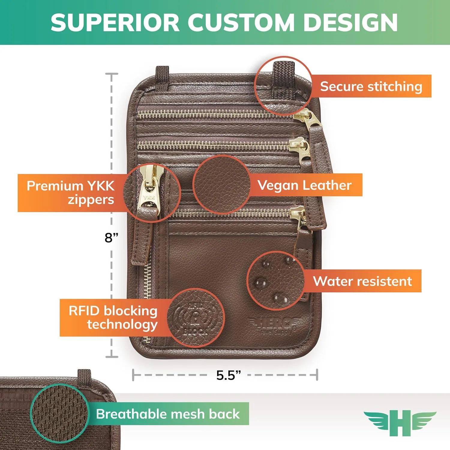 HERO Neck Wallet, RFID Blocking Passport Holder, Vegan Leather Travel Pouch (Brown)