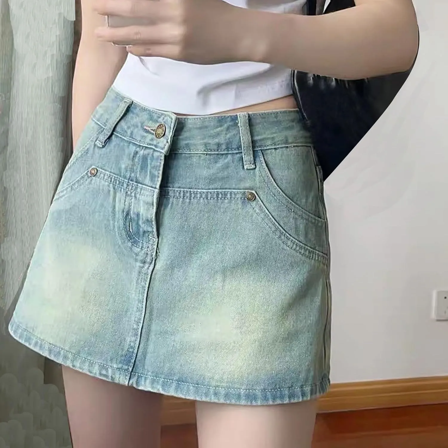 HGps8w Women's Summer Denim Mini Skirt Vintage Washed Jeans Skorts High Waisted Short Skirts with Pockets