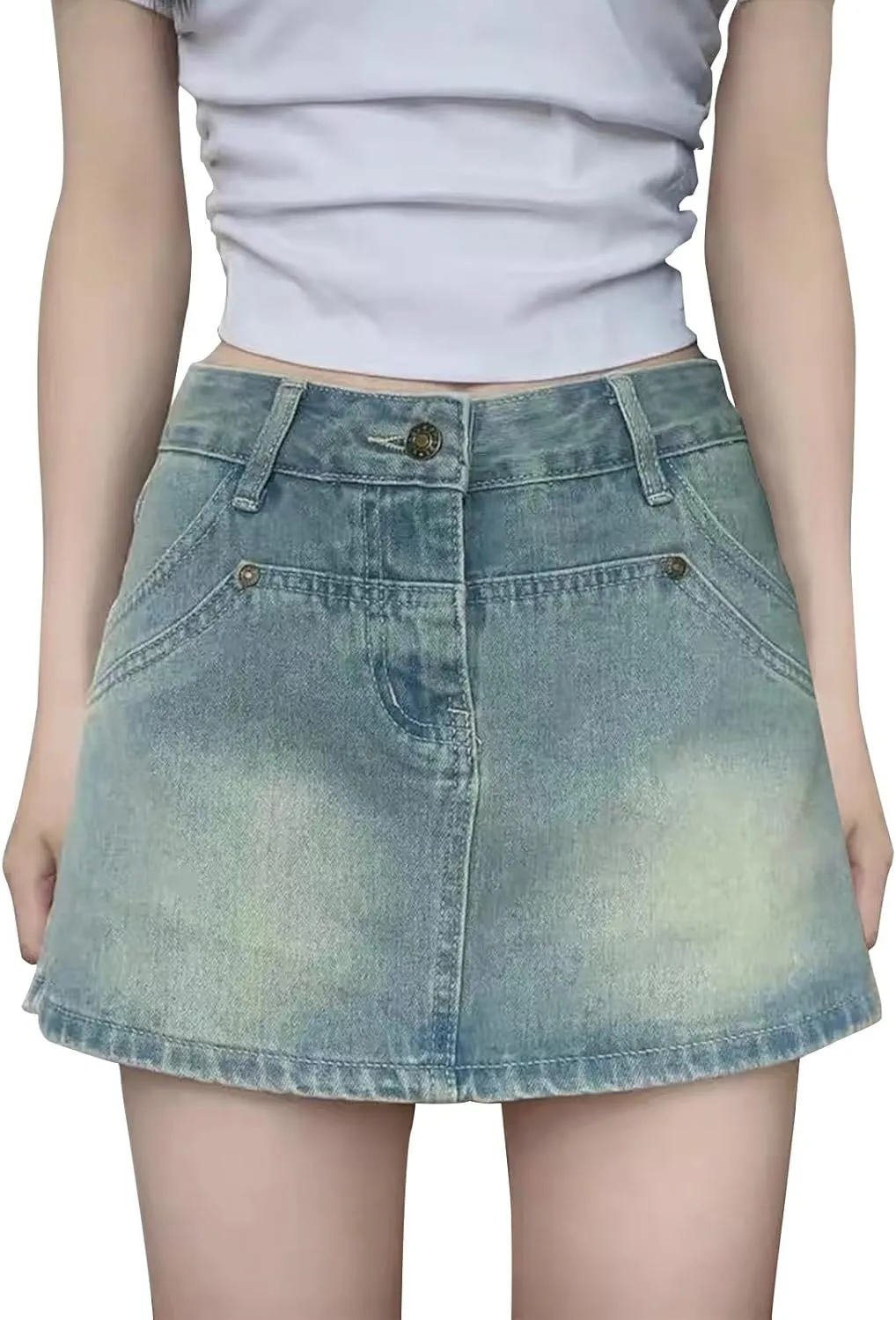 HGps8w Women's Summer Denim Mini Skirt Vintage Washed Jeans Skorts High Waisted Short Skirts with Pockets