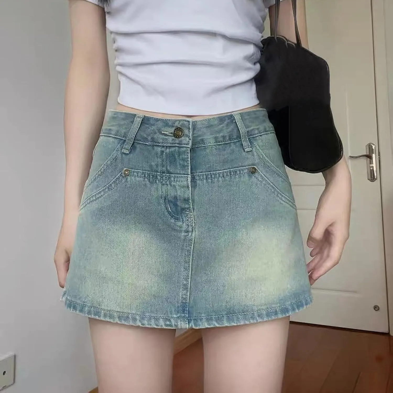 HGps8w Women's Summer Denim Mini Skirt Vintage Washed Jeans Skorts High Waisted Short Skirts with Pockets
