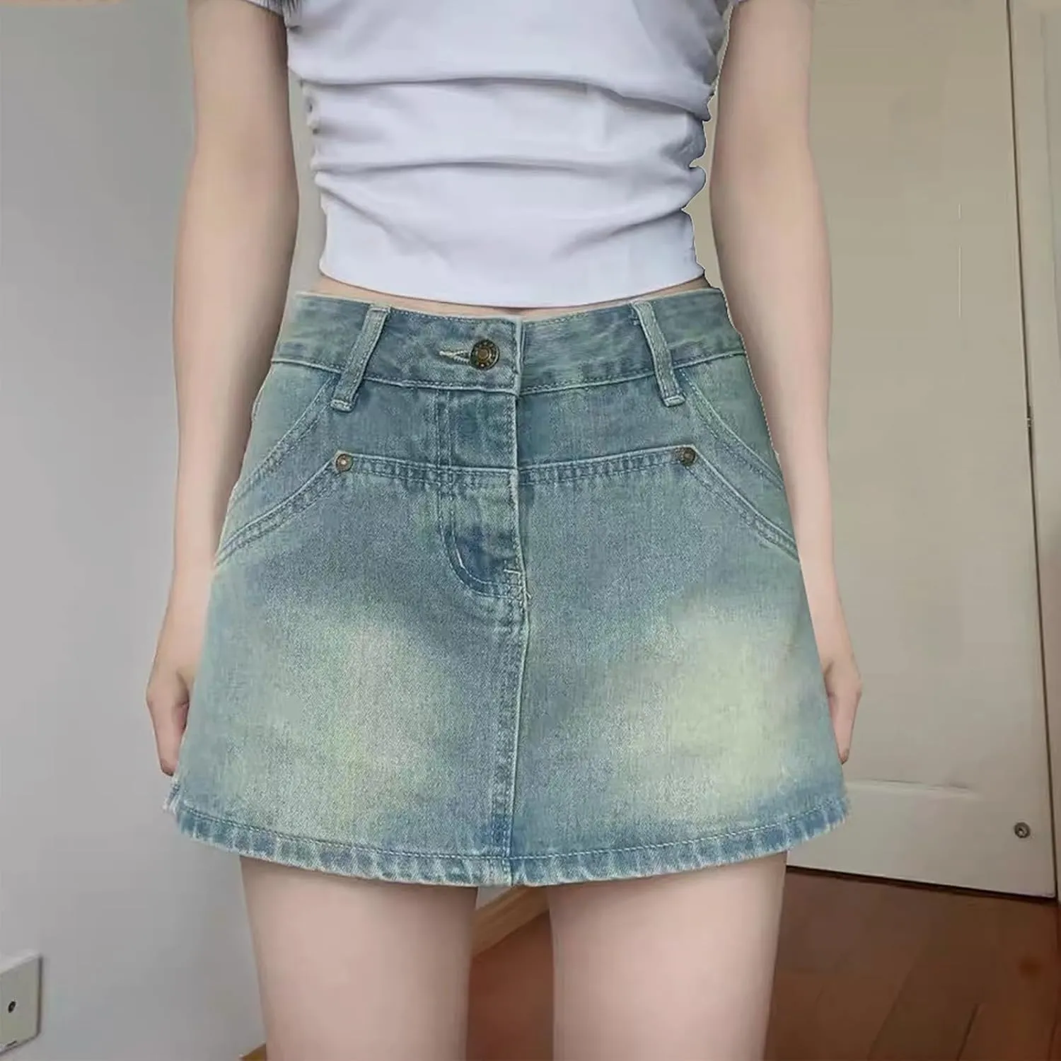 HGps8w Women's Summer Denim Mini Skirt Vintage Washed Jeans Skorts High Waisted Short Skirts with Pockets