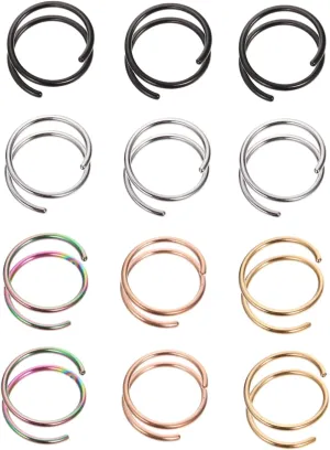 Homoyoyo 12pcs Spiral Nose Rings Hoop Nose Ring Sterling Silver Nose Rings for Parties Comfortable Piercing Jewelry