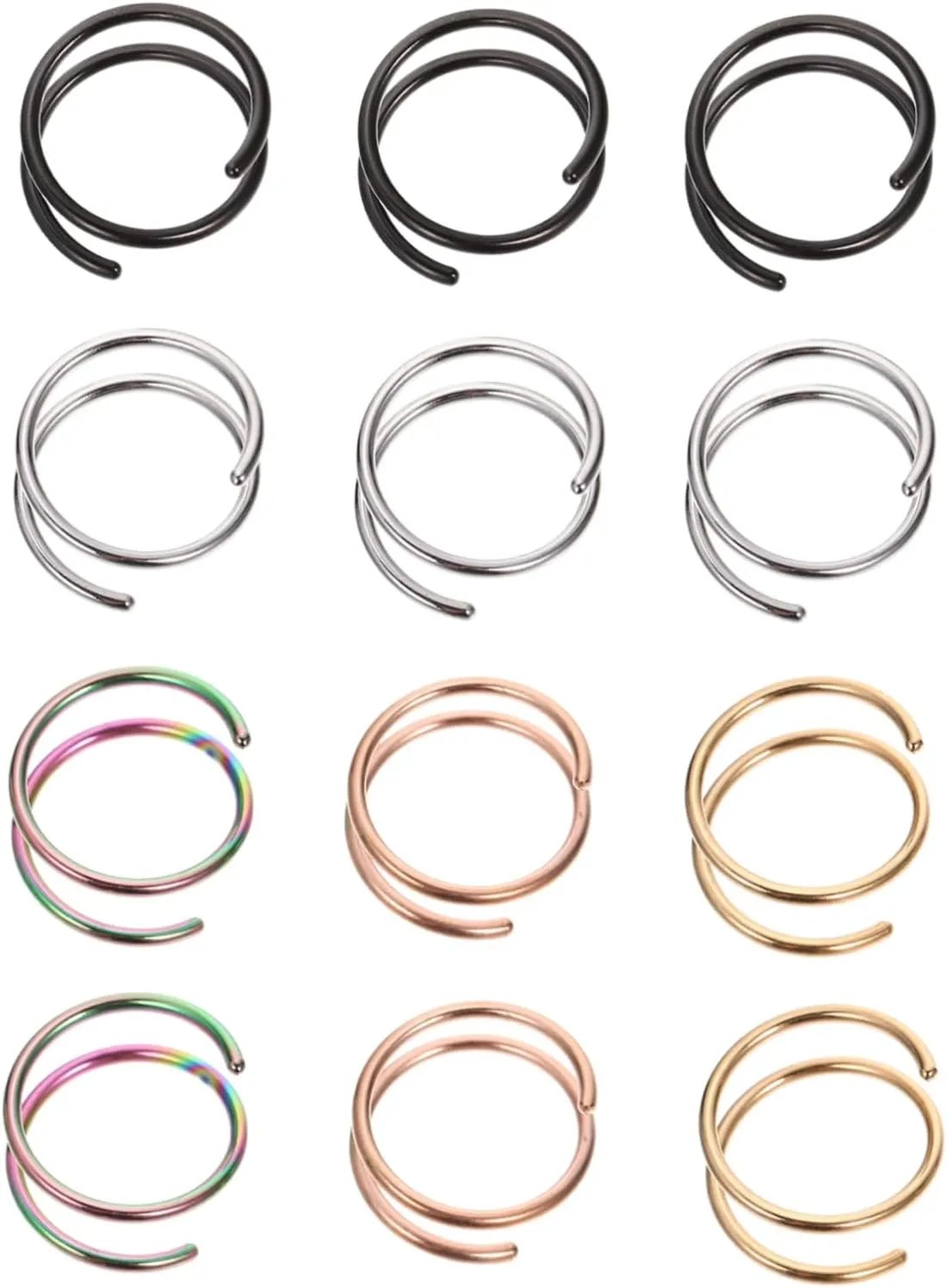 Homoyoyo 12pcs Spiral Nose Rings Hoop Nose Ring Sterling Silver Nose Rings for Parties Comfortable Piercing Jewelry