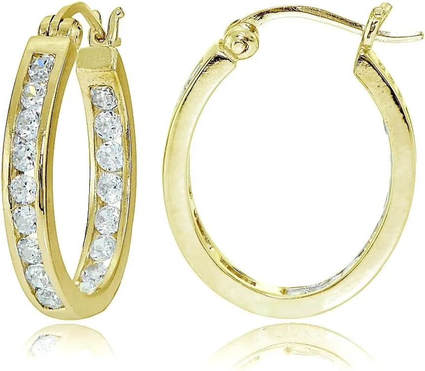 Hoops & Loops 925 Sterling Silver Cubic Zirconia Channel-Set Inside-Out Oval Click-Top Hoop Earrings for Women, Silver, Yellow Gold & Rose Gold Flash Plated