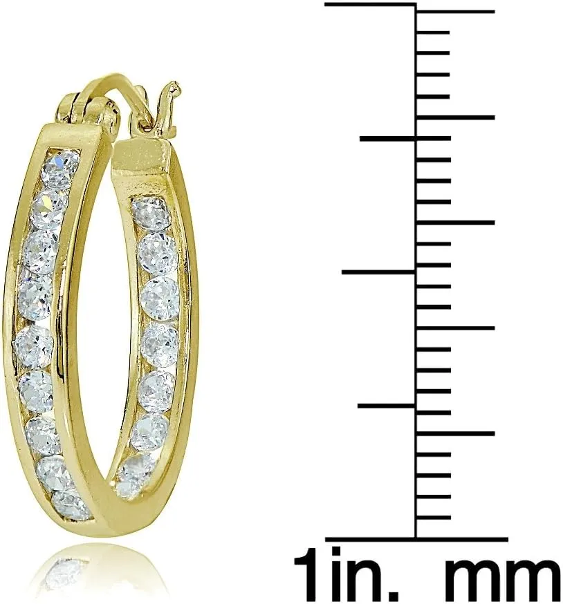 Hoops & Loops 925 Sterling Silver Cubic Zirconia Channel-Set Inside-Out Oval Click-Top Hoop Earrings for Women, Silver, Yellow Gold & Rose Gold Flash Plated