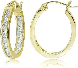 Hoops & Loops 925 Sterling Silver Cubic Zirconia Channel-Set Inside-Out Oval Click-Top Hoop Earrings for Women, Silver, Yellow Gold & Rose Gold Flash Plated