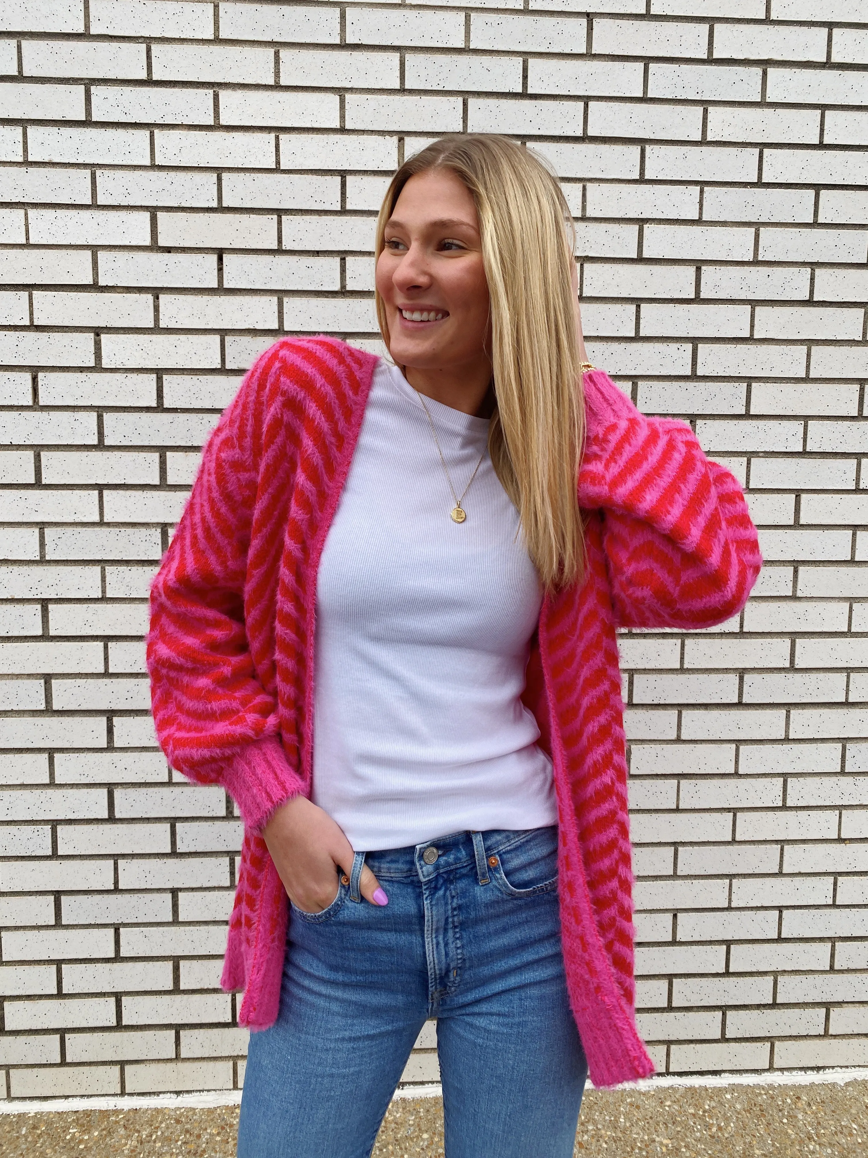 HOT PINK AND RED CHESHIRE CHEVRON EYELASH CARDIGAN