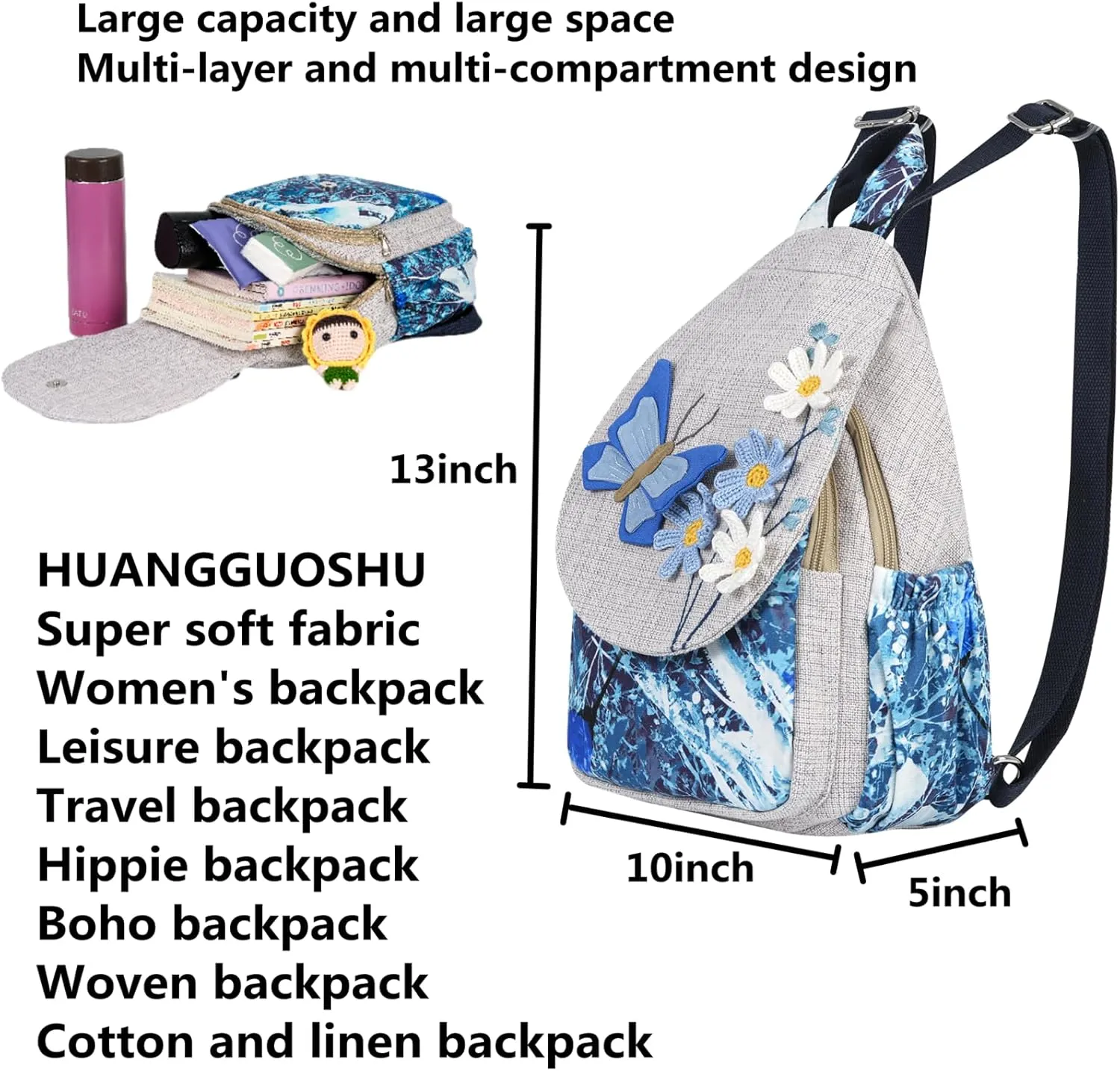 HUANGGUOSHU Butterfly Casual Backpack Hippie Convertible Multifunctional Straps Ladies Shoulder Chest Bag Back Pack Purse Messenger Bag Butterfly