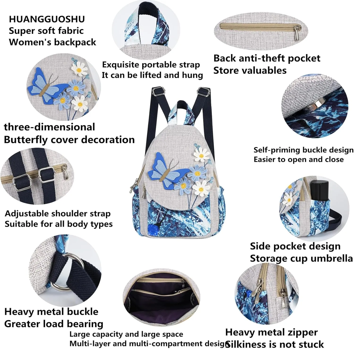 HUANGGUOSHU Butterfly Casual Backpack Hippie Convertible Multifunctional Straps Ladies Shoulder Chest Bag Back Pack Purse Messenger Bag Butterfly