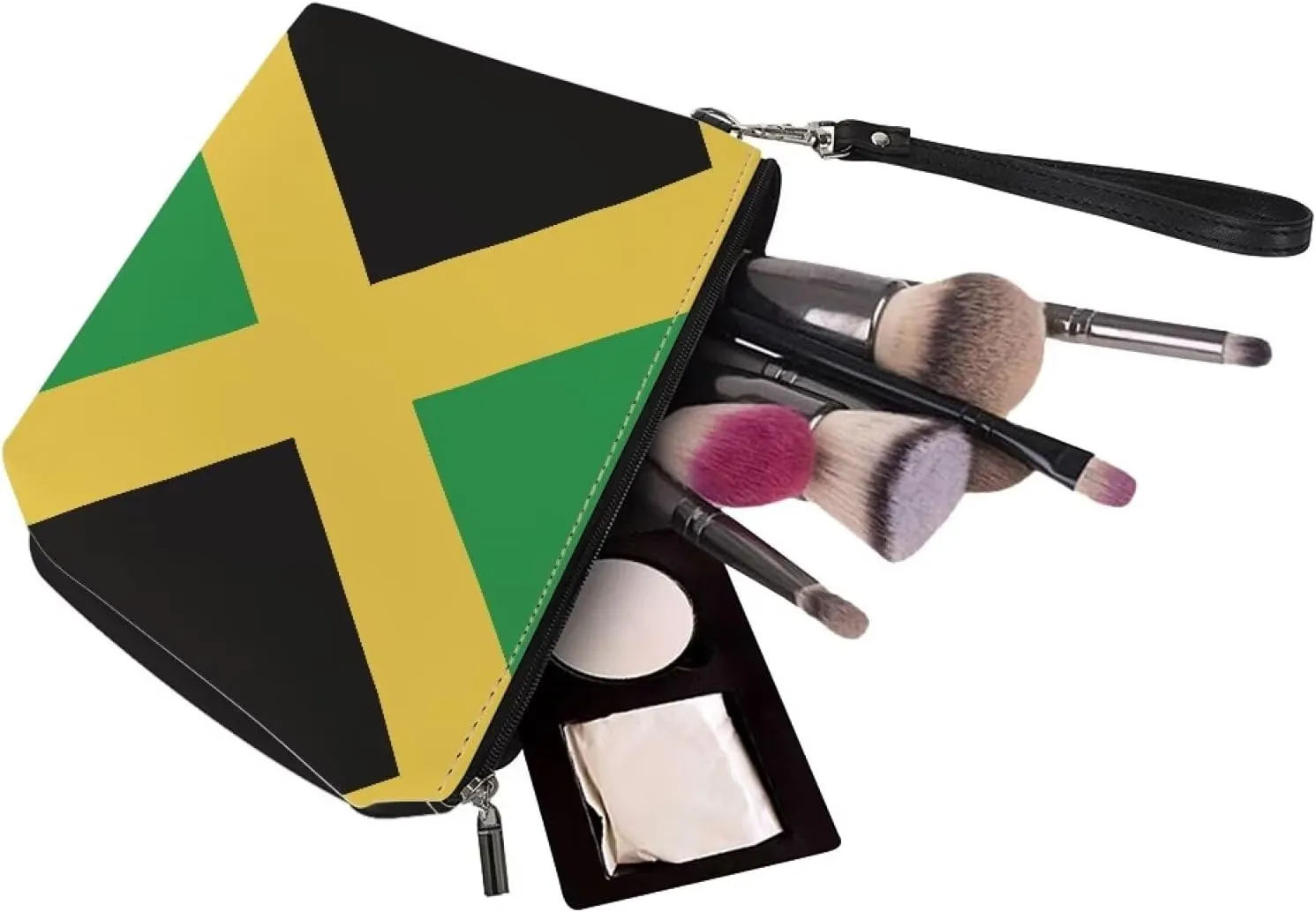 Jamaican Flag Pattern Womens Makeup Pouch PU Leather Travel Cosmetic Bags Portable Clutch Brush Bag Holders