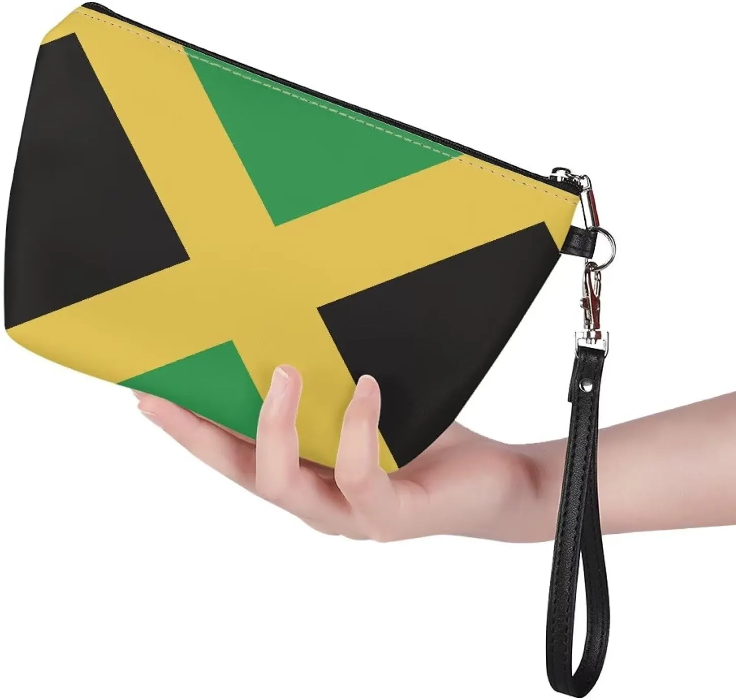 Jamaican Flag Pattern Womens Makeup Pouch PU Leather Travel Cosmetic Bags Portable Clutch Brush Bag Holders