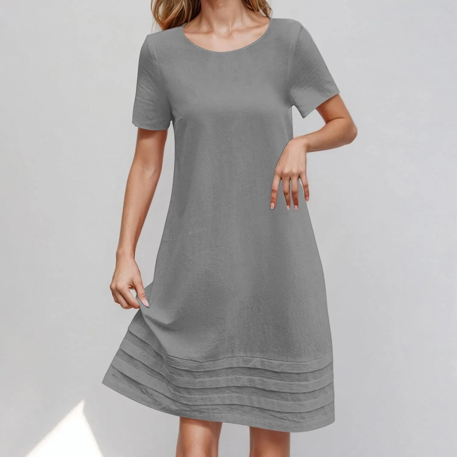 JOAU Womens Summer Cotton Linen Dress 2025 Trendy Short Sleeve Crew Neck Mini T Shirt Dresses Casual Tiered Pleated Hem Dress