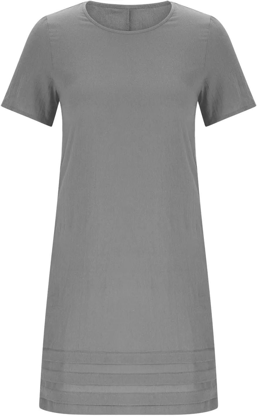 JOAU Womens Summer Cotton Linen Dress 2025 Trendy Short Sleeve Crew Neck Mini T Shirt Dresses Casual Tiered Pleated Hem Dress