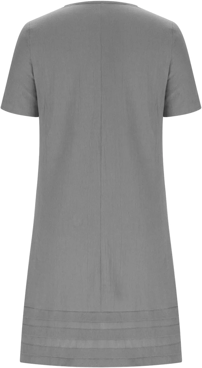 JOAU Womens Summer Cotton Linen Dress 2025 Trendy Short Sleeve Crew Neck Mini T Shirt Dresses Casual Tiered Pleated Hem Dress