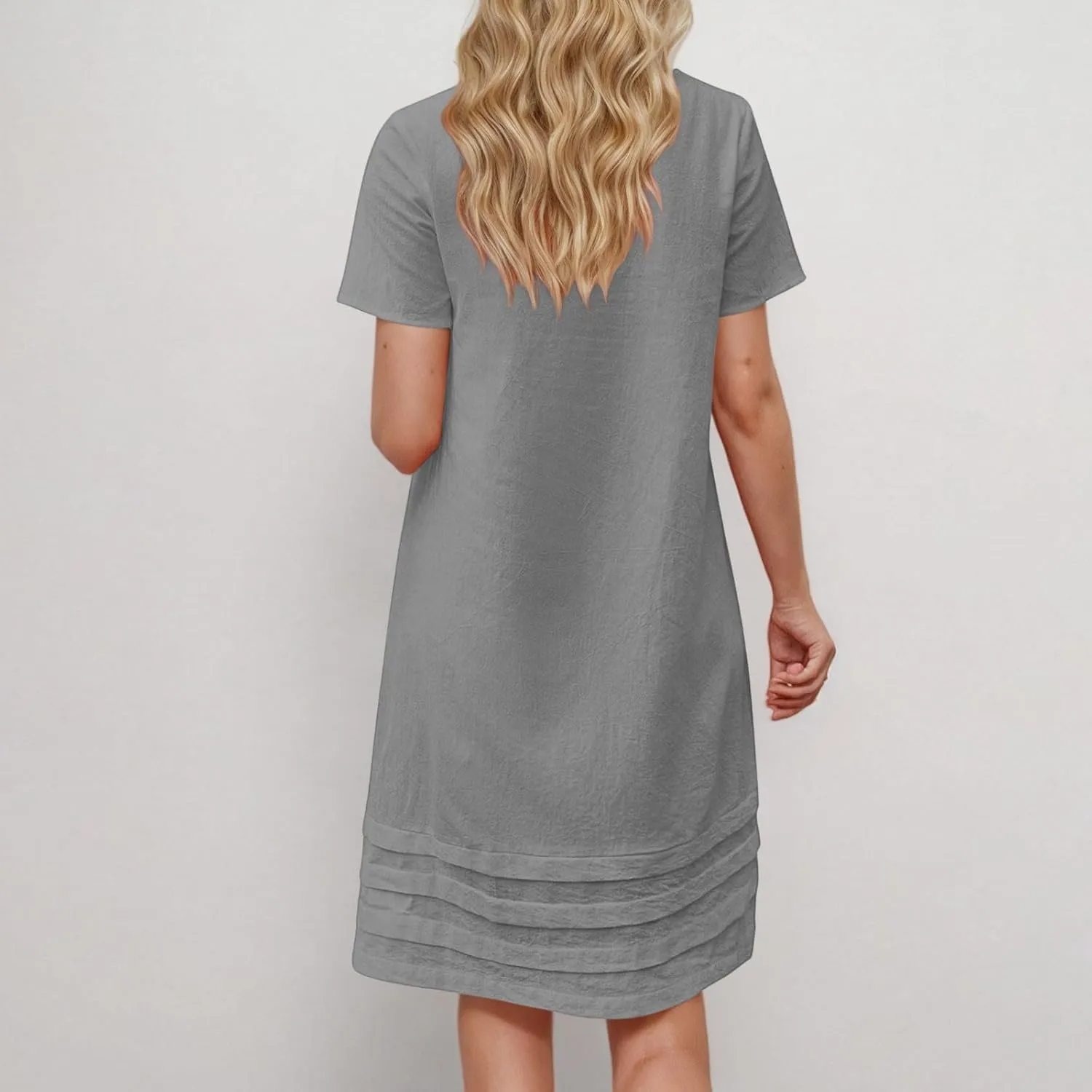 JOAU Womens Summer Cotton Linen Dress 2025 Trendy Short Sleeve Crew Neck Mini T Shirt Dresses Casual Tiered Pleated Hem Dress