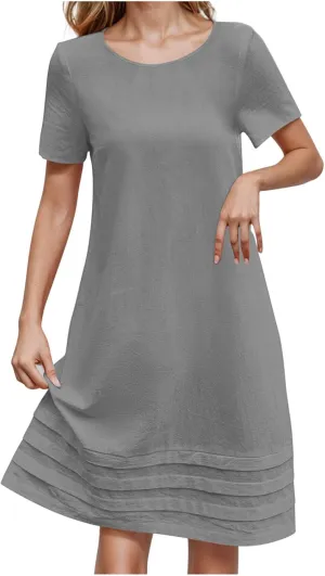 JOAU Womens Summer Cotton Linen Dress 2025 Trendy Short Sleeve Crew Neck Mini T Shirt Dresses Casual Tiered Pleated Hem Dress