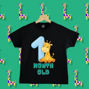 Jungle Theme - 0-3 Monthly Birthday T-Shirts | Cute Giraffe with Month Number