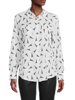 Karl Lagerfeld Paris Printed Button-Up Shirt, White/Black